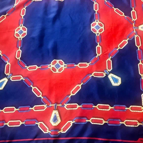 CARTIER Must de France Silk Scarf Vintage Navy Blue & Red Gold Chain Jewel Logo